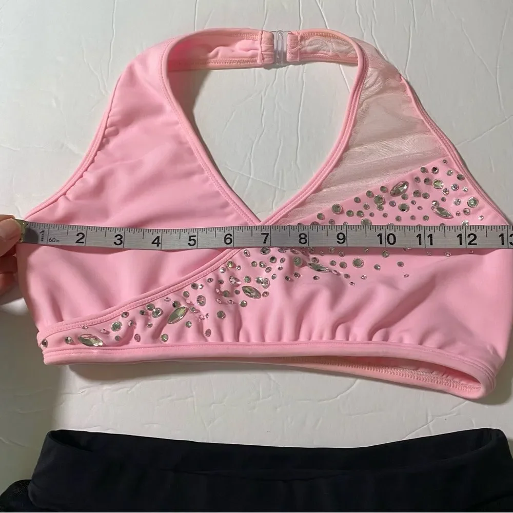 LA dance solo custom pink top 2 piece rhinestoned costume illusion SA adult